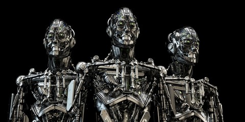 Steel mecha robotic trio in different angles on black background