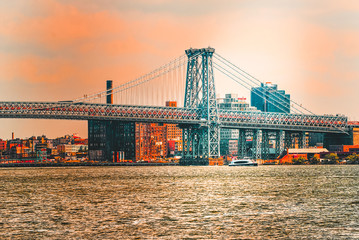 New York view of the Lower Manhattan and the Williamsburg Bridge  across the East River.