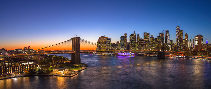 New York City Brooklyn Bridge evening skyline sunset