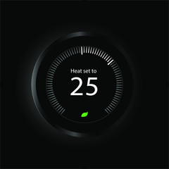 heat set to 25 Celsius Thermostat in black background, green leaf icon