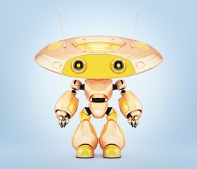 Bright yellow robotic ufo toy. 3d render