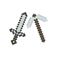 Pixel pickaxe, sword. Gaming arsenal. © kashurin