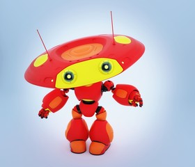 Fototapeta na wymiar Cartoonish robotic ufo toy in red with yellow elements and funny antenna pointing, showing something. 3d render