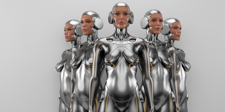 Silver robot women quintet with real faces, 3d render