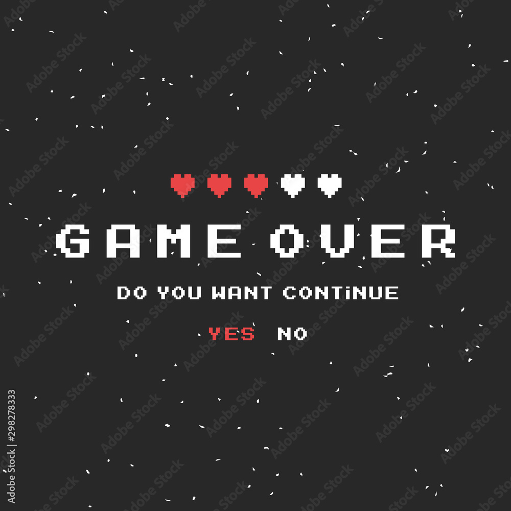 Wall mural game over vector pixel background, texture damage. glitch error with text. game design. final scene.
