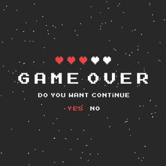 Game over vector pixel background, texture damage. Glitch error with text. Game design. Final scene.