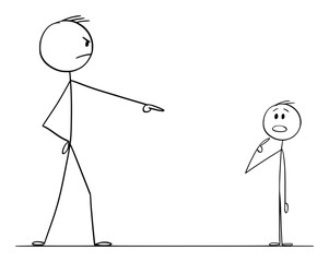 Vector cartoon stick figure drawing conceptual illustration of man pointing and blaming boy or another man. Concept of guilt.