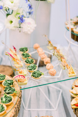 Buffet table of reception with cold snacks, catering concept