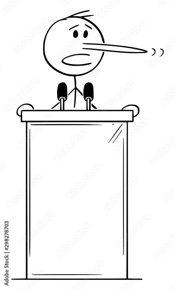 Sticker Vector cartoon stick figure drawing conceptual illustration of lying politician with long nose speaking on podium behind lectern.