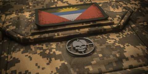 Antigua and Barbuda army chevron on ammunition with national flag. 3D illustration