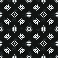 Vector seamless pattern for sweater with white snowflakes on black background. Christmas design for greeting card, gift box, fabric, wallpaper, textile, web design.