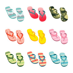 Vector set with cute and colorful summer flip flops for beach holiday designs