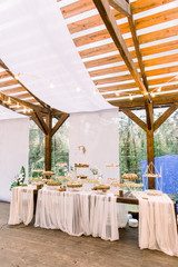 Wedding stand-up meal. Snack for guests. Celebration. Wedding buffet in restaurant outdoors, wooden tent. Catering
