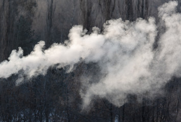 Smoke from the chimney of a house at dawn of the sun