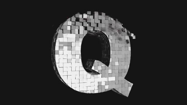 Transformer font - Build and destroy letter Q from metallic cubes, 3D letter animation on dark and chroma key green screen background in 4K