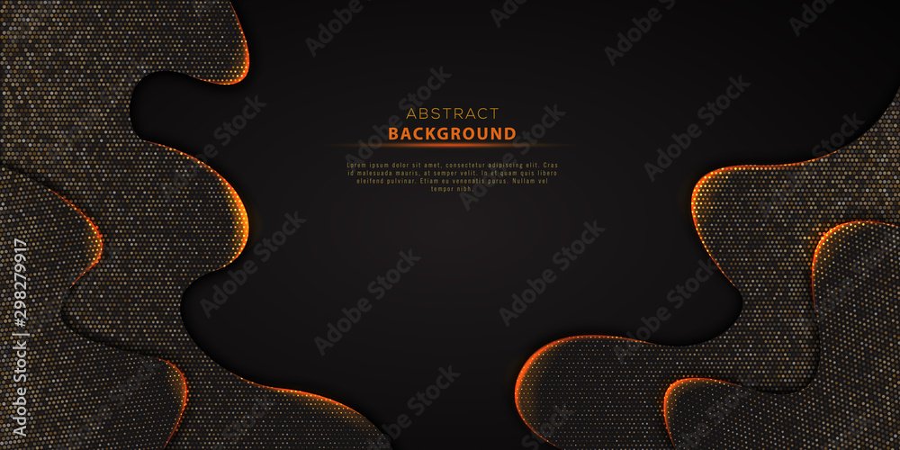 Wall mural abstract black wavy vector background textured with golden glittering halftone pattern and text. des