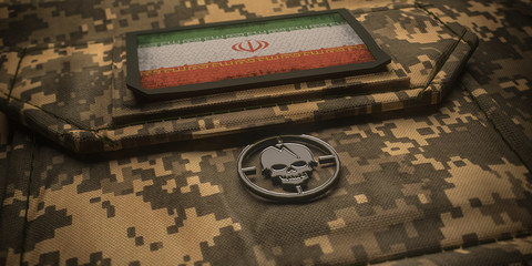 Islamic Republic of Iran army chevron on ammunition with national flag. 3D illustration