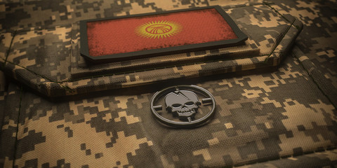 Kyrgyz Republic army chevron on ammunition with national flag. 3D illustration