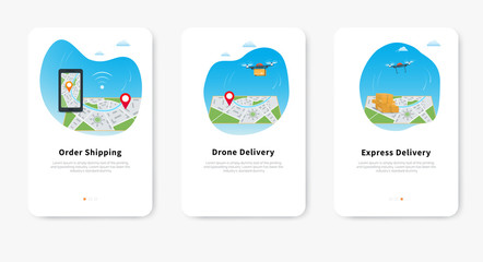Express drone delivery service, quadcopter carrying package over map with location pin, mobile phone gps map for shipment tracking. Express delivery onboarding template for mobile app and web site