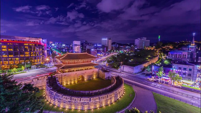 Timelapse video, Night street at Dongdaemun gate, Seoul city, South Korea