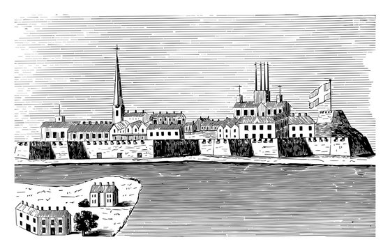 Veiw of Montreal in 1760 vintage illustration