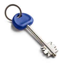 Close-up of a blue key, isolated on white background