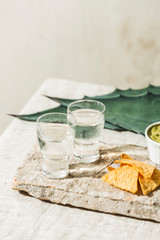 Mezcal or Mescal is a Mexican distilled alcoholic beverage made from any type of oven-cooked agave. With tortilla chips and guacamole dip.