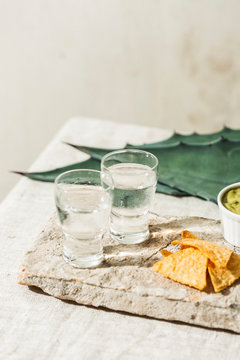 Mezcal or Mescal is a Mexican distilled alcoholic beverage made from any type of oven-cooked agave. With tortilla chips and guacamole dip.