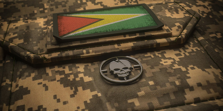 Republic of Guyana army chevron on ammunition with national flag. 3D illustration