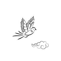 Hand drawn long tailed bird and cloud illustration