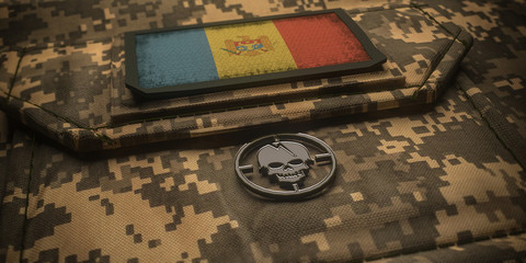 Republic of Moldova army chevron on ammunition with national flag. 3D illustration