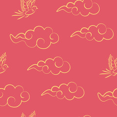 Clouds and long tailed bird seamless pattern, Oriental traditional design.
