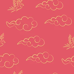 Fototapete Clouds and long tailed bird seamless pattern, Oriental traditional design. © KY