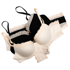 Stylish lingerie. Set of female underwear: bra and panties isolated on white. Clipping path. Top view