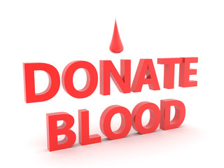 3D Red text saying donate blood with blood dropet above