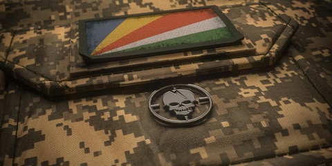 Republic of Seychelles army chevron on ammunition with national flag. 3D illustration