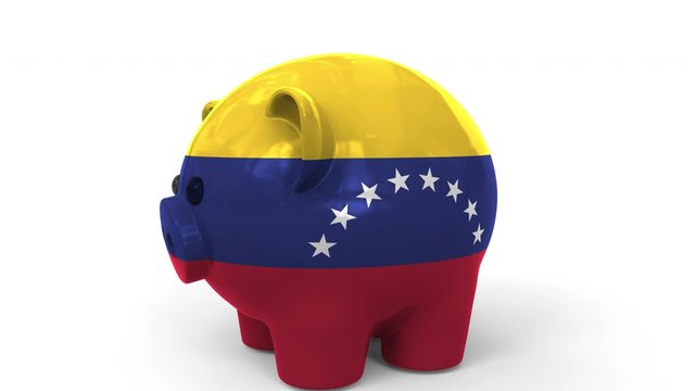 Coins fall into piggy bank painted with flag of Venezuela. National banking system or savings related conceptual 3D animation