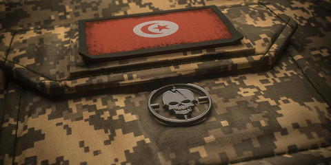 Republic of Tunisia army chevron on ammunition with national flag. 3D illustration