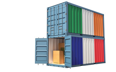 Fototapeta premium Two freight container with Ireland and France flag. Isolated on white - 3D Rendering