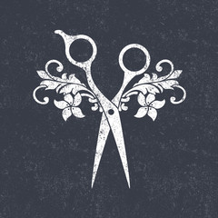 Beauty salon logo, barbershop logotype. Scissors and tools. Hairdresser icon.