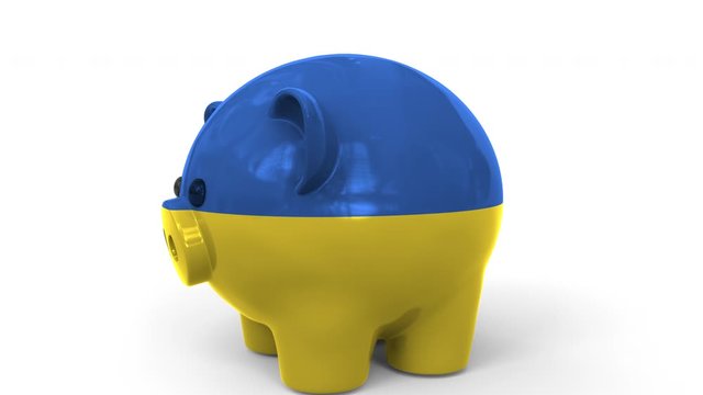 Coins fall into piggy bank painted with flag of Ukraine. National banking system or savings related conceptual 3D animation