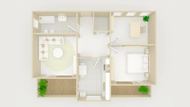 3d interior rendering animation of furnished home apartment