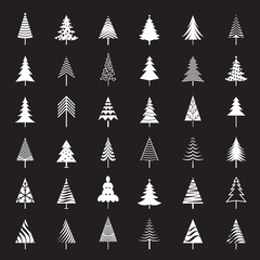 Set of white Christmas Trees on black background. Winter season design elements. Isolated vector xmas Icons.