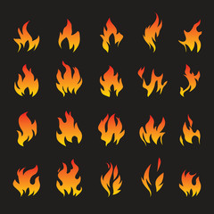 Set of Fire and Flame icons on black background. Vector Illustration and graphic outline elements.