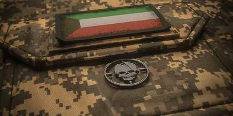 State of Kuwait army chevron on ammunition with national flag. 3D illustration