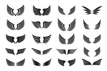 Set of white Wings. Vector Illustration and outline Icons.