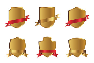 Set of golden shields and red ribbons. Vector Illustration.