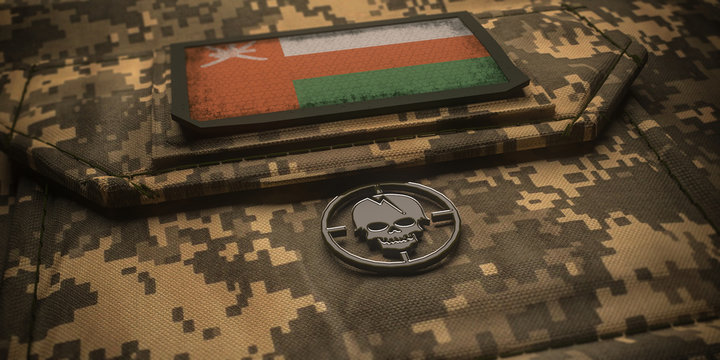Sultanate of Oman army chevron on ammunition with national flag. 3D illustration