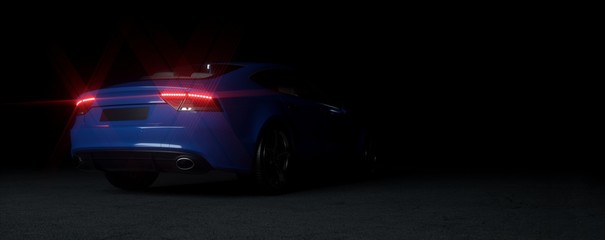 Fototapeta na wymiar Blue sports car on elegant dark background.