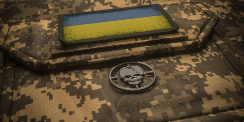 Ukraine army chevron on ammunition with national flag. 3D illustration